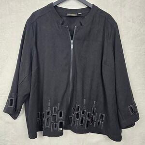 Bob Mackie Wearable Art Black Zip Front Jacket Cutout Embroidery Plus Size 3X